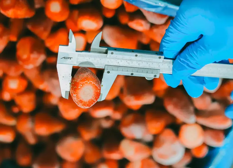 A technician measuring the size of a frozen strawberry with a caliper